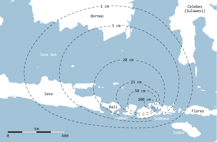  This map shows the density of ash fall issuing from Tambora’s eruption.  The thickness of the ash is shown in centimeters. Prevailing trade winds drove the ash clouds north and west as far as Celebes (Sulawesu) and Borneo, 1,300 kilometers away. The volcanic eruptions could be heard twice as far away | Macmillan Publishers Ltd.