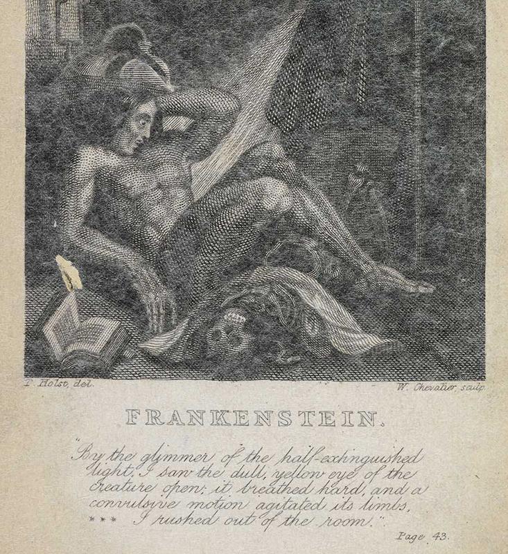 An illustration from an 1831 edition of Frankenstein features this indelible line from the novel: “By the glimmer of the half-extinguished light, I saw the dull, yellow eye of the creature open.| ”British Library
